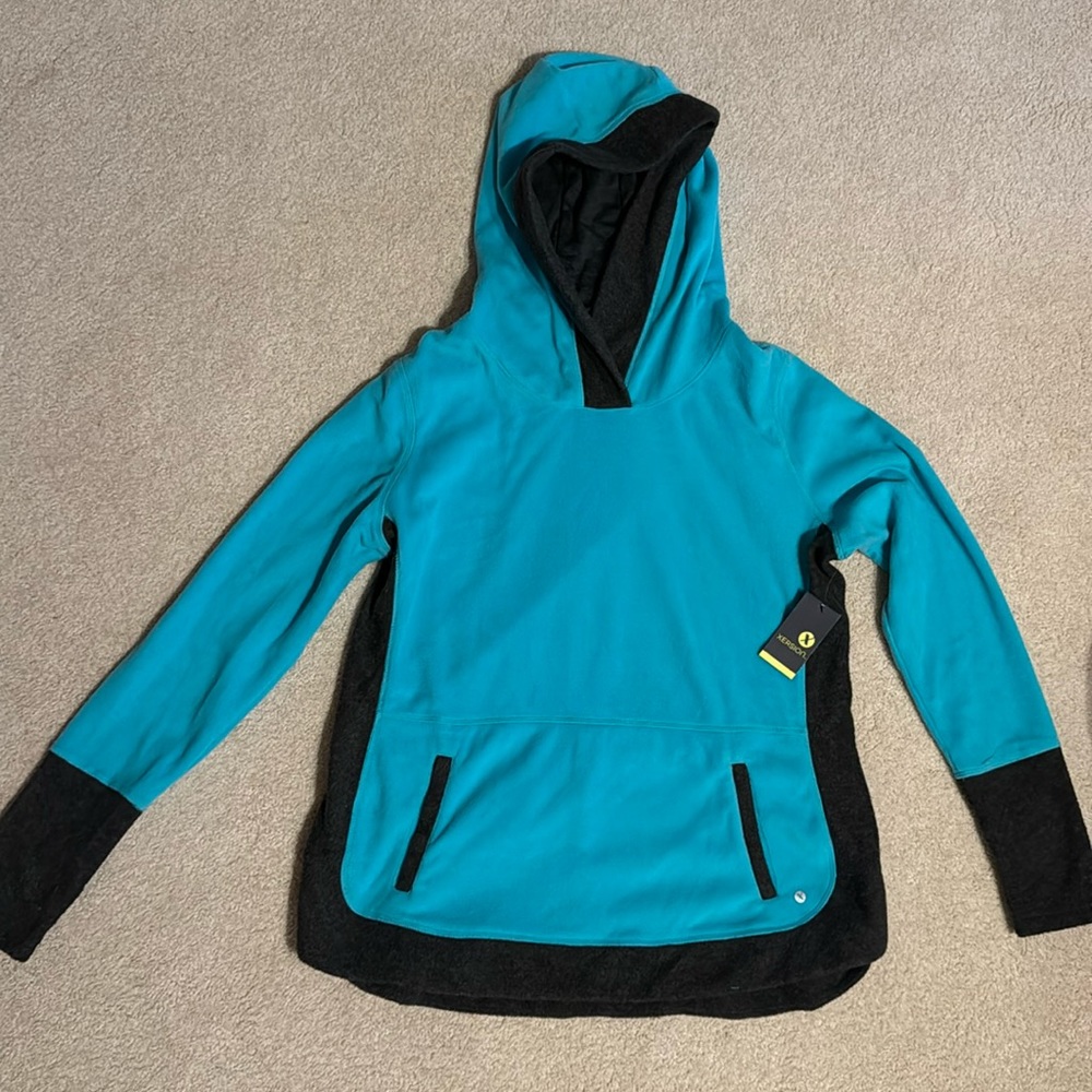 Turquoise & charcoal hoodie super soft Sz L NWT